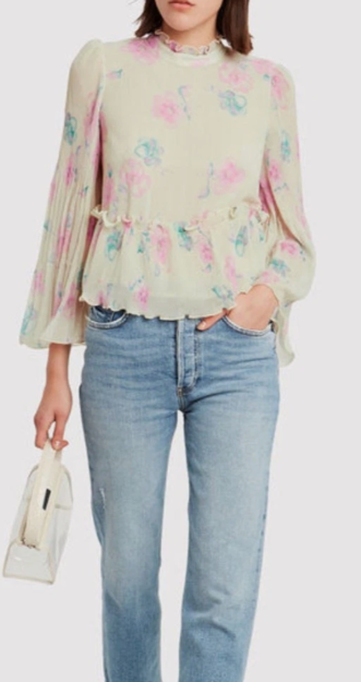 Ganni Women's Pleated Georgette Blouse Pastel Floral Long Sleeve Top - EU 44/XL